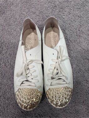 Fergie White Leather Sneakers with Gold Studded Toes
